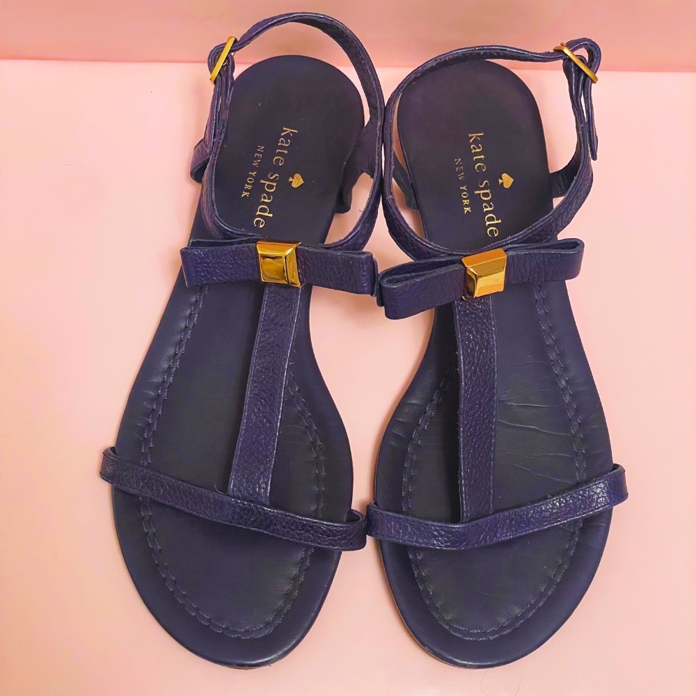 Excellent Condition Kate Spade New York Tessa Bow Navy Leather Sandals Size 6 - Picture 2 of 2
